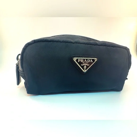 PRADA Black Nylon Pouch Tessuto Triangle Logo Makeup Cosmetic Pouch AUTHENTIC - Picture 1 of 9